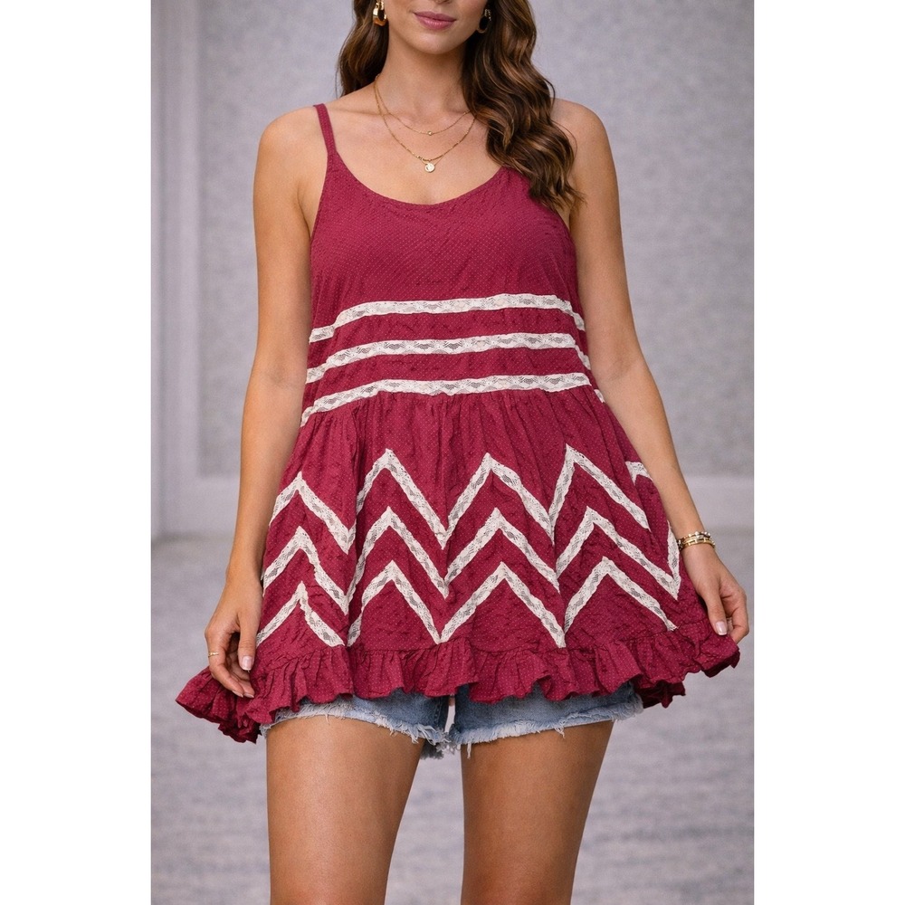Intimately Free People‎ Polka Dot Lace Trimmed Boho Tiered Mini tunic Size small